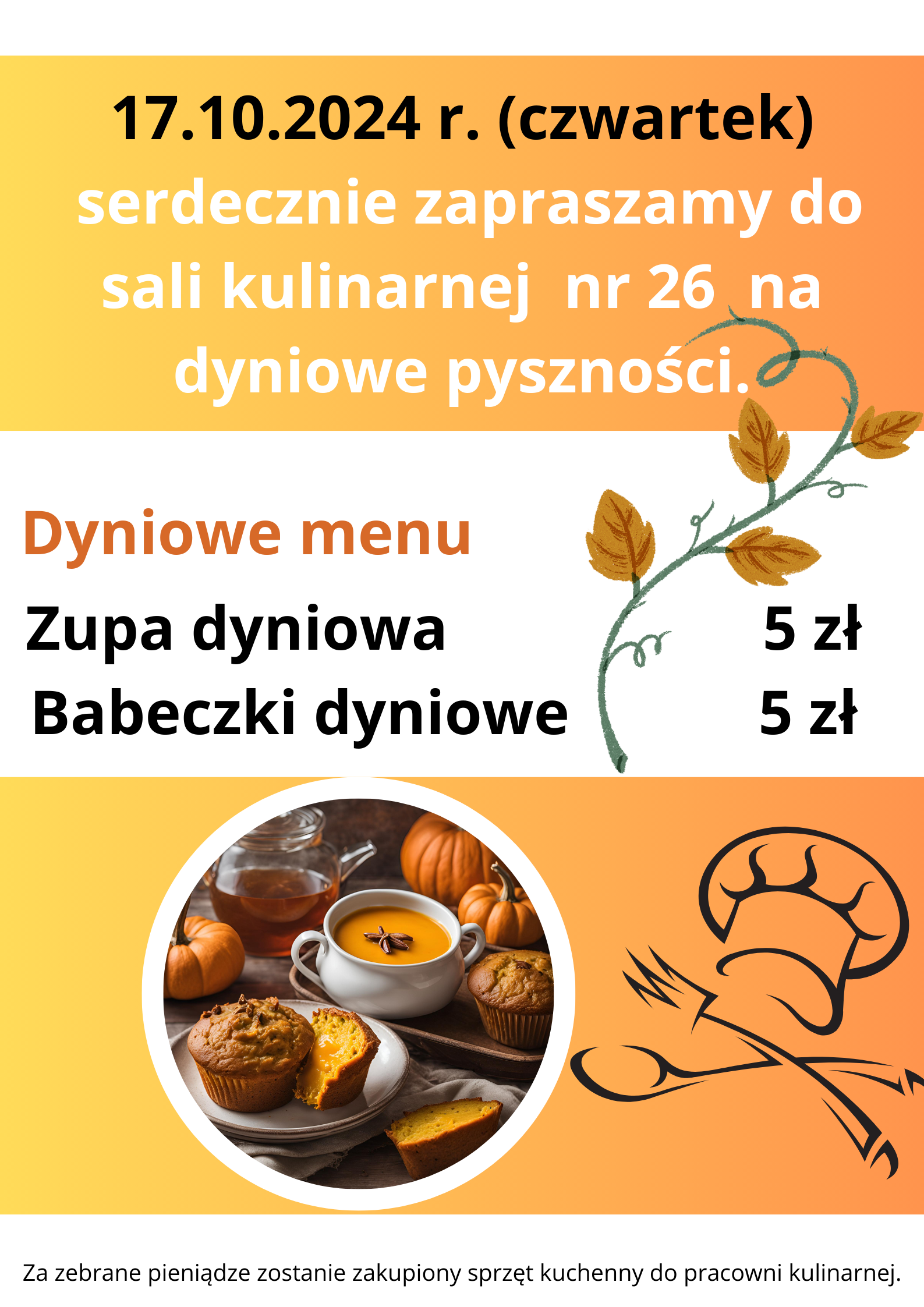 Plakat - zaproszenie do zakupu dyniowych babeczek oraz zupy